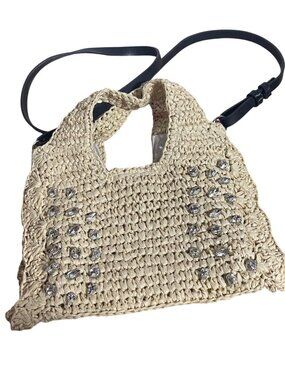 Beige Woven Straw Bag With Rhinestone Accents & Adjustable Strap Minimalist